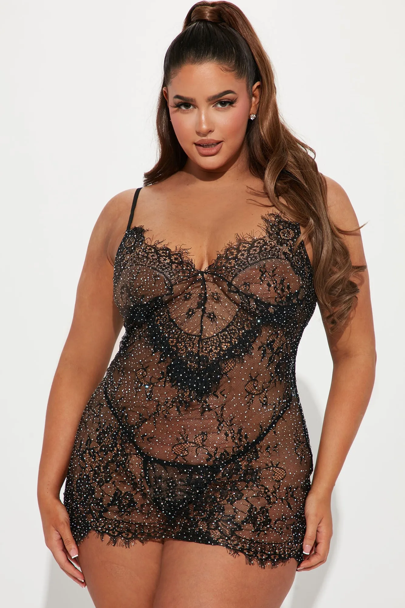 Angelic Touch Rhinestone Chemise Set - Black