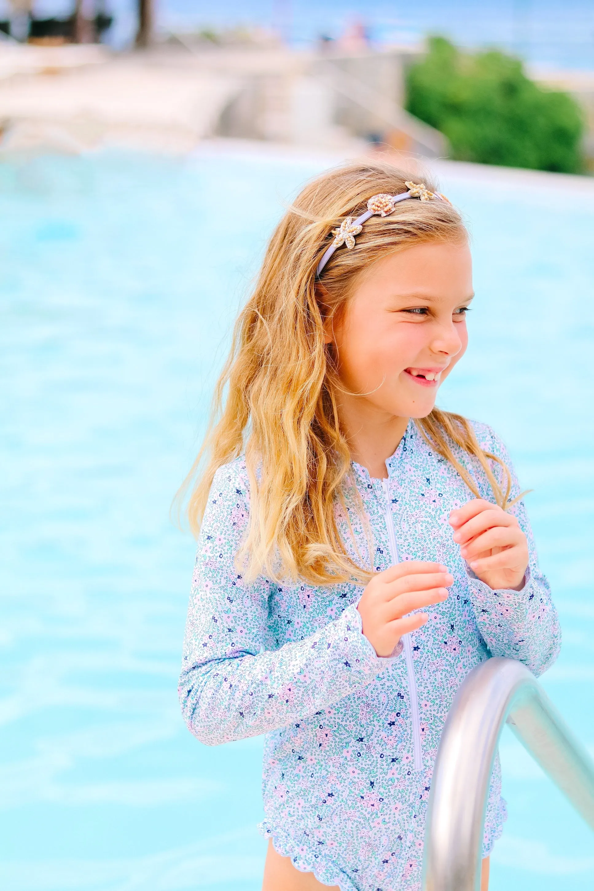 Long Sleeve Scalloped Bathing Suit -- Forget Me Not