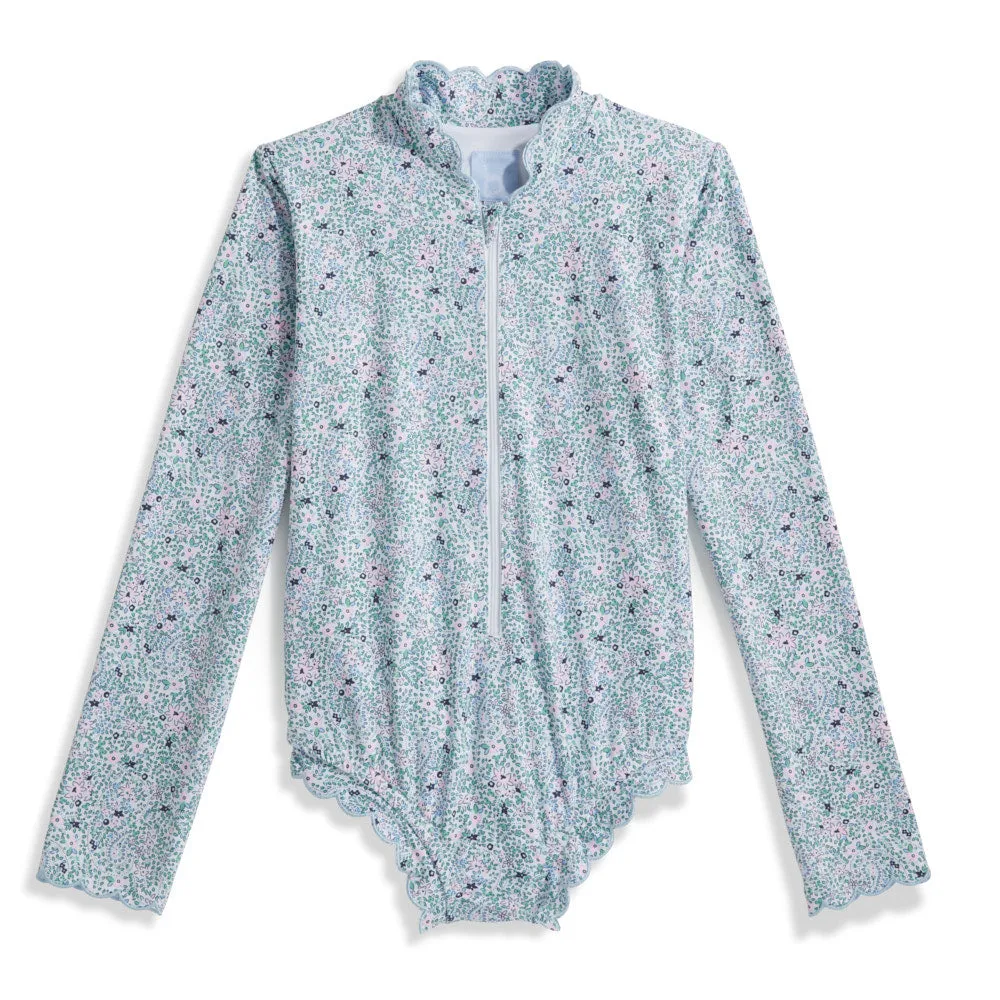 Long Sleeve Scalloped Bathing Suit -- Forget Me Not
